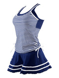 Sailor Style Striped Pleated Skirt Swimsuit