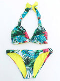 Green Tropical Printed  Halter Triangle Bikini Set - WealFeel