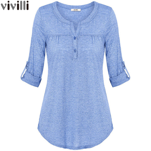 Vivilli New Spring Summer Roll up Long Sleeve Women Knitted Blouse with Buttons Fitted Casual Curved Hem Female Solid Tunic Tops