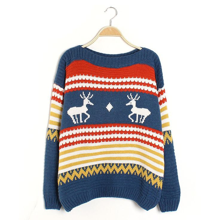 My Sweetheart Round Collar Deer Print Sweater - FIREVOGUE