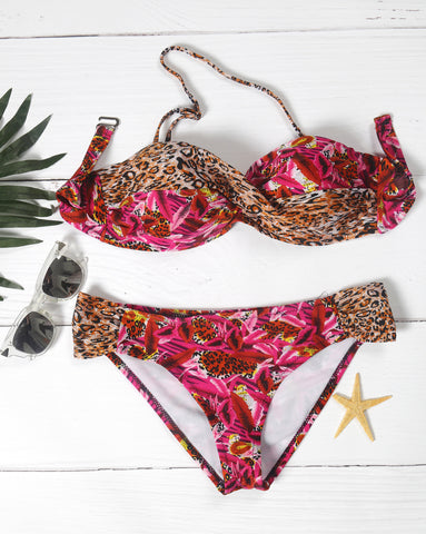 Off-the-shoulder Floral Print Bikini Sets - FIREVOGUE