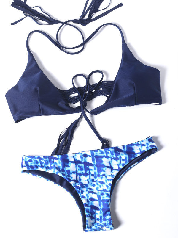 Blue Weave Halter Bikini Sets - WealFeel