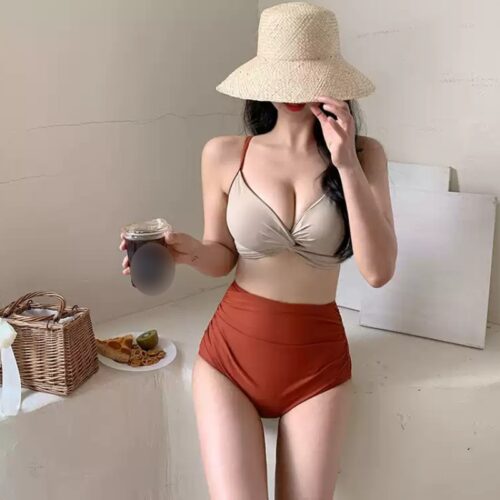 twist-front-high-waist-bikini-beige-rust Twist front two piece bikini with high waist bottoms in beige and rust